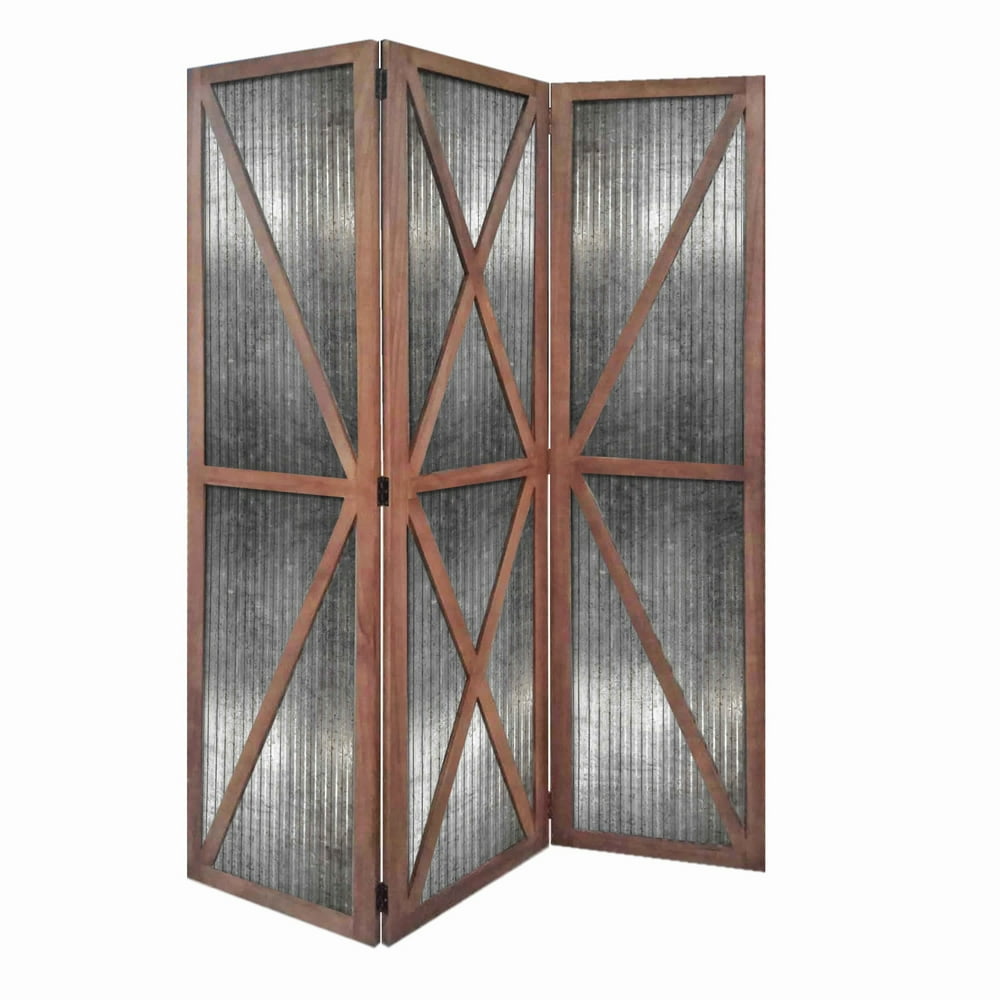 Industrial Corrugated 3 Panel Metal Room Divider, Brown and Silver