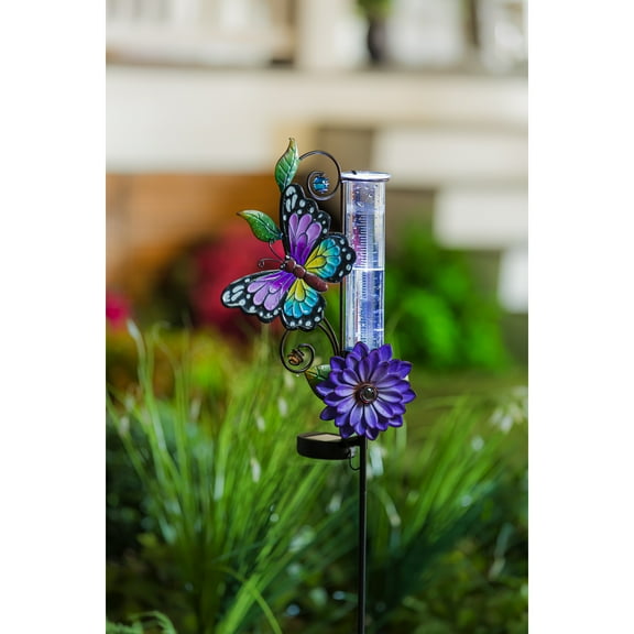 36"H Solar Rain Gauge Garden Stake with Purple Flower, Purple Butterfly