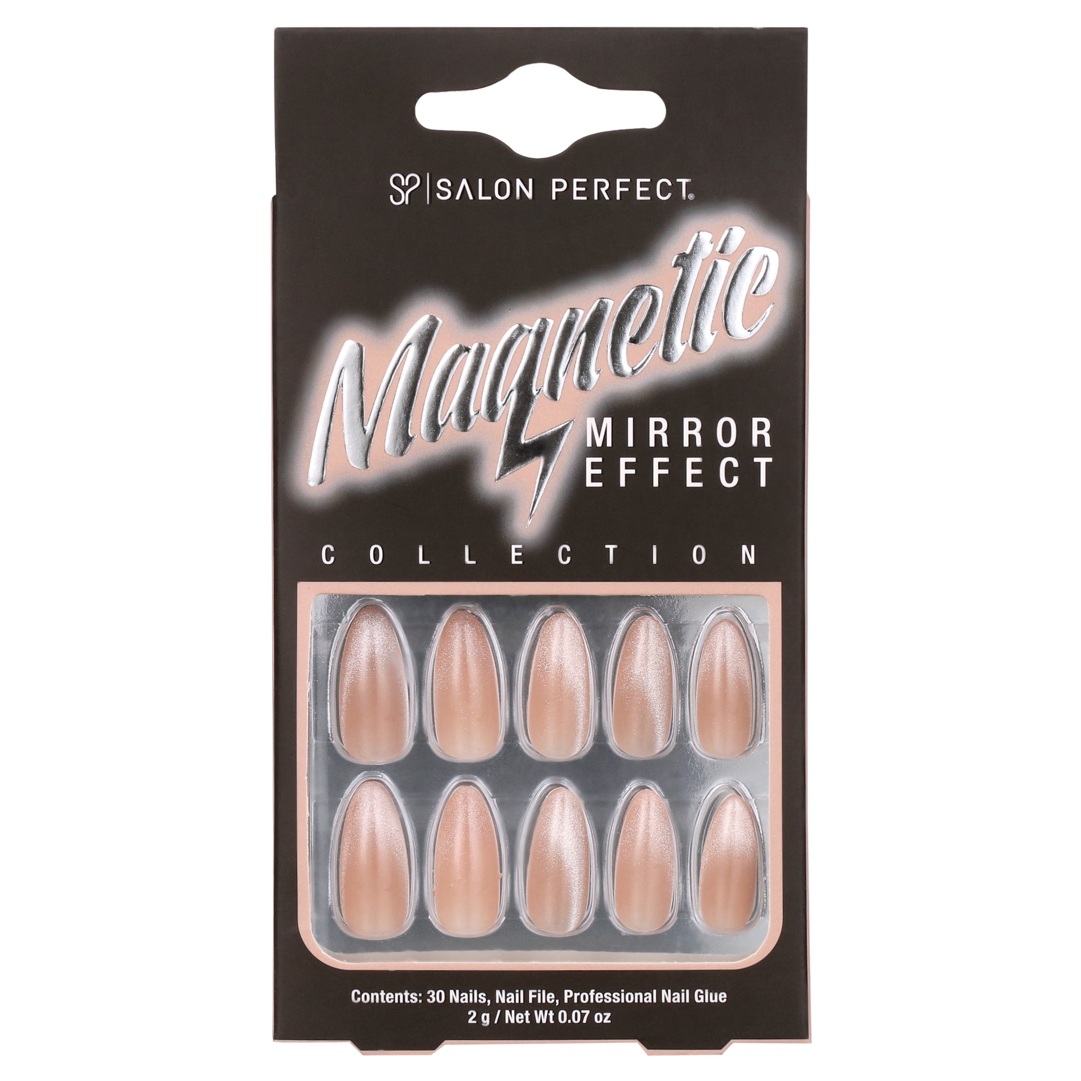 Salon Perfect Artificial Fake Press-ons, 121 Magnetic Silver, Medium Almond, File and Glue Included, 30 Nails