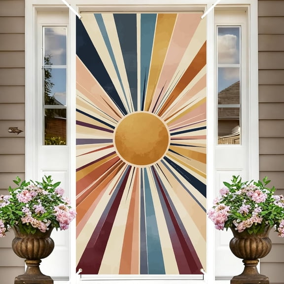 Sunshine Door Cover Colorful Door Covers Decorations Vintage Boho Style Sun Pattern Polyester Rectangle Banners otogray Background