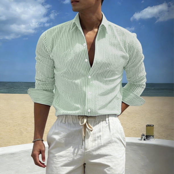 Ceisia Men's Slim Fit Long Sleeve Striped Button-Down Shirt Casual Summer Beach Top Green L Gifts