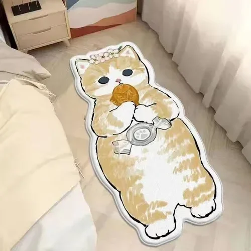Cartoon Bedside Rug Cat Floor Mat Fluffy Cat Mats Irregular Carpet for Living Room Shaggy Area Rugs Thicken Doormat Cute Decor