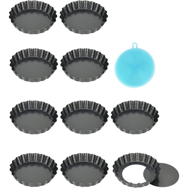 ZHAOCHENG Juego de 10 moldes para tartas con fondo extraíble, revestimiento antiadherente, mini moldes para tartas de 10 cm x 8 moldes redondos para tartas de quiche, Tarteen Plata de acero al carbono