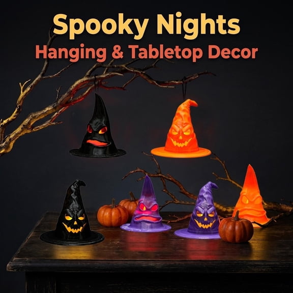 Halloween Decorations Hanging Witch Hat with LED Candle Light, Lighted Up Plastic Witch Hats and Flameless Tealight Candles Table Decor for Tree Holiday Party Indoor Outdoor Home
