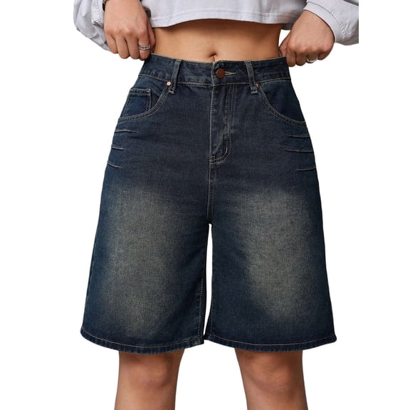 Bermuda Jean Shorts for Women High Waisted Denim Shorts Knee Length Cutoff Loose Fit Long Shorts Blue S