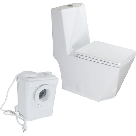 WinZo Rectangular Rear Outlet Toilet with 450W Macerator Pump Upflush System for Basement Bathroom, Elongated Square Bowl with 17" Seat Height, White