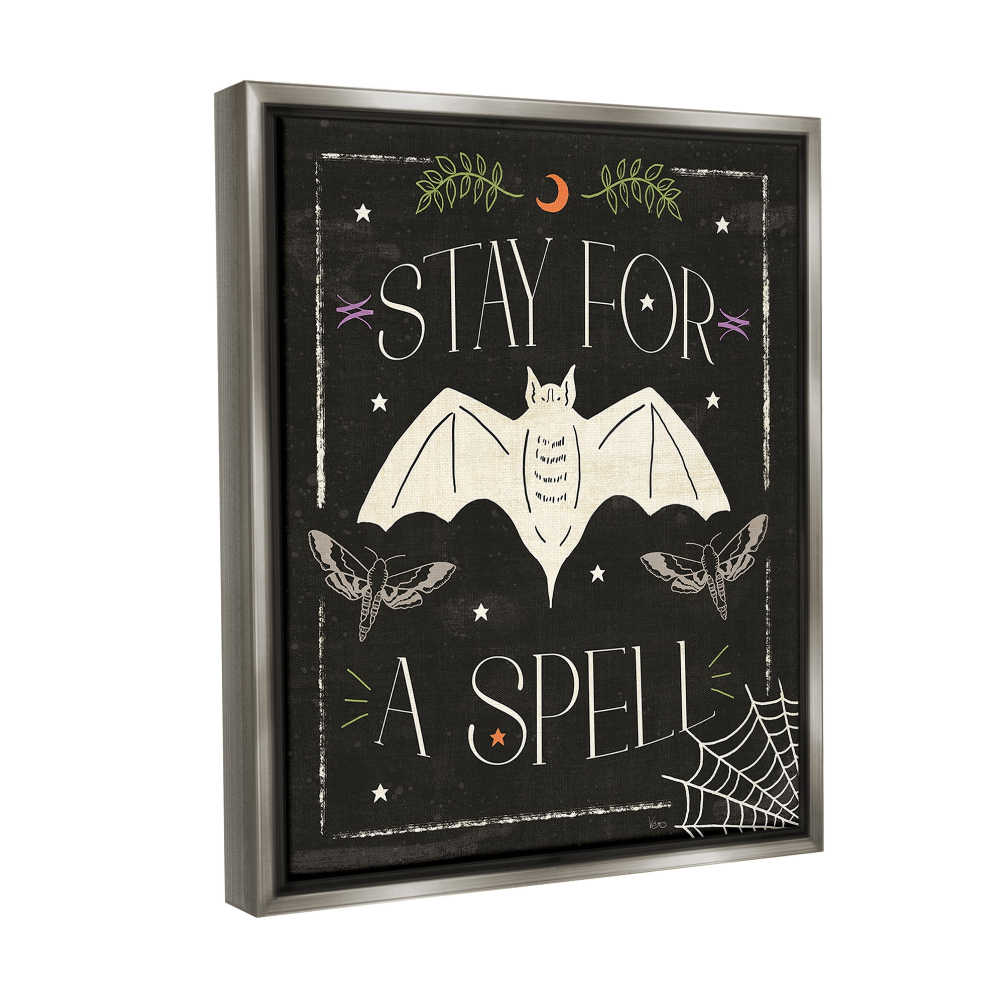 Stupell Industries Stay For A Spell Phrase Holiday Painting Gray Floater Framed Canvas Art Print Wall Art, 25 x 31
