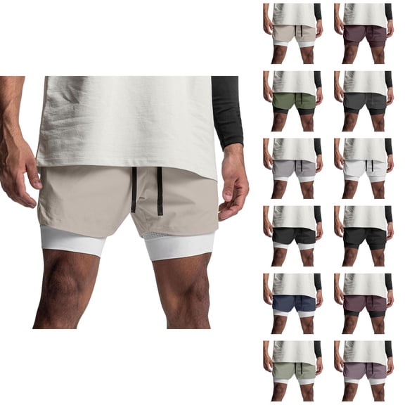 Athletic Gym Shorts Men 2 in 1 Summer Elastic Waist Breathable Workout Running Shorts with Compression Liner Pockets