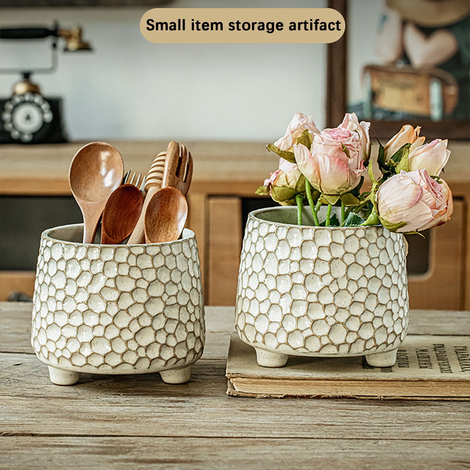 Utensil Crock, 4.3 Inch Utensil Holder for Counter, Kitchen Utensil Organizer, Farmhouse Kitchen Countertop Decor, Flower Pot, Makeup Tool Holder, Pen Holder, Pinecone-Shaped Ceramic Storage Jar