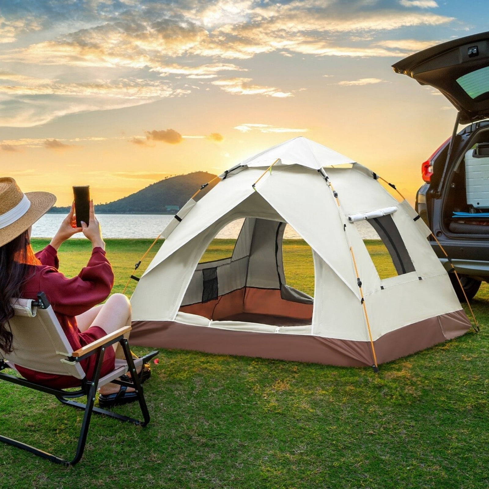 Camping Tent 3 Person Automatic Pop Up Tent, Waterproof Windproof, Easy Setup in 60s, with Rainfly, Carry Bag & Ground Nails, Portable Dome Tent for Family Camping Hiking Traveling