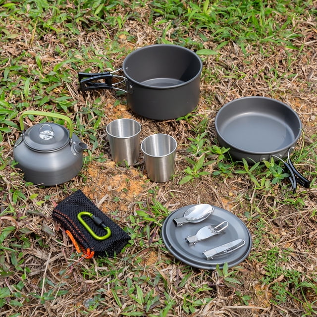 Camping Cookware Set Lightweight Portable Pan Kettle Cups Spoon Fork Cutter for Picnic Hiking