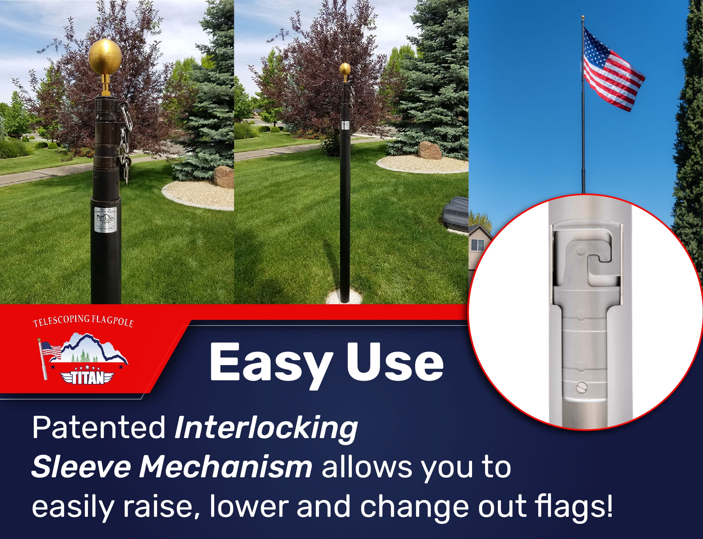 Titan Telescoping Flag Poles, Bronze 20ft- Heavy Duty Aluminum Flag Pole Kit, Kit Includes, Telescoping Flagpole, Hardware to Hang 2 flags, 4 x 6 American Flag, and Installation Instructions