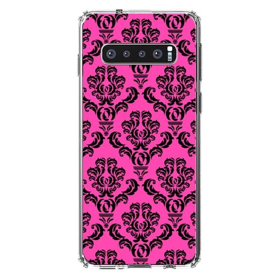 DistinctInk Clear Shockproof Hybrid Case for Samsung Galaxy S10 (6.1" Screen) - TPU Bumper, Acrylic Back, Tempered Glass Screen Protector - Pink Black Damask Pattern - Floral Damask Pattern