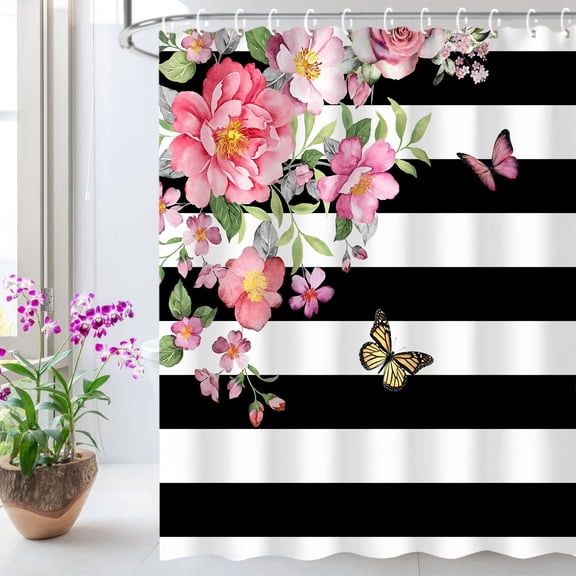 Pink Floral Shower Curtain, Black and White Stripes Fabric Bathroom Curtain Set with Hooks, Pink and Black Shower Curtain, Rose with Butterfly and Leaves Pattern Machine Washable 72Wx84H Inches