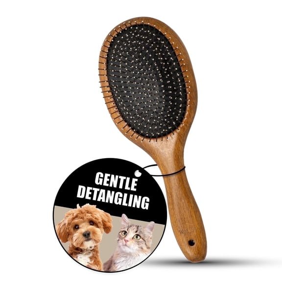 Tauro Pro Line Wooden Dog & Cat Massage Brush - Rounded Tip Pins, Gentle Deshedding, Oval Flexible Cushion, Large (L)