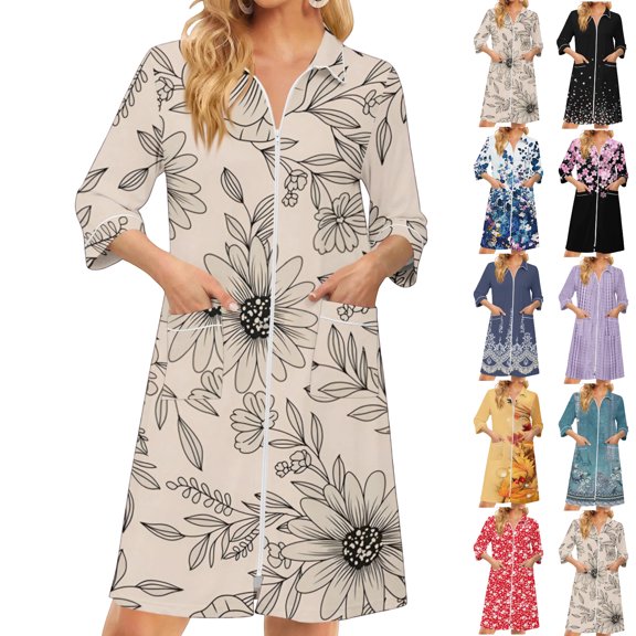 Women's Robes Zipper Lightweight 3/4 Sleeve Bathrobes for Women Zipper Front Knee Length Daisy Printed Casual Sleepwear Nightgown with Pockets Brown S