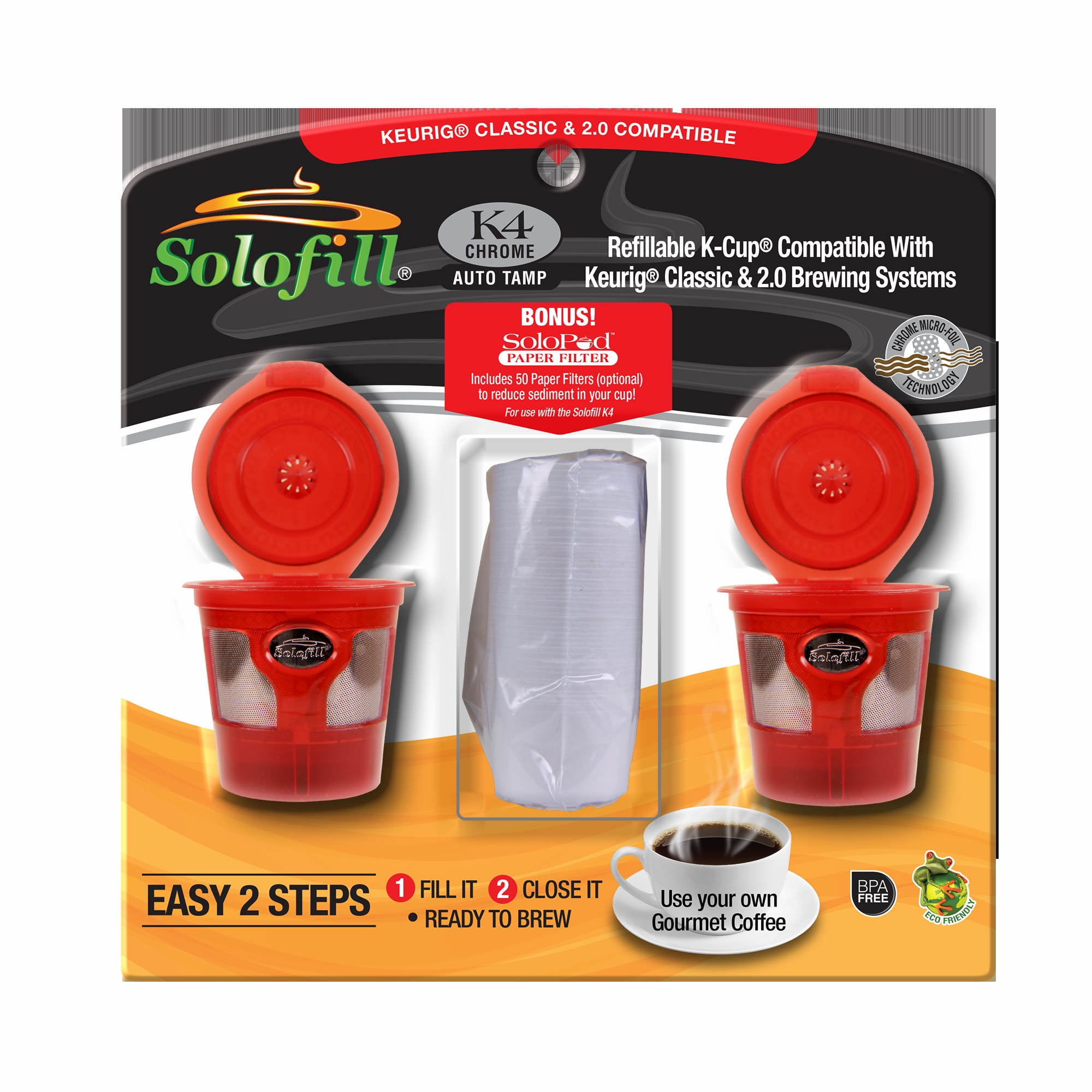 K4 Chrome Refillable KCup Brewing Pod, 2 pk. with Bonus Paper Filters