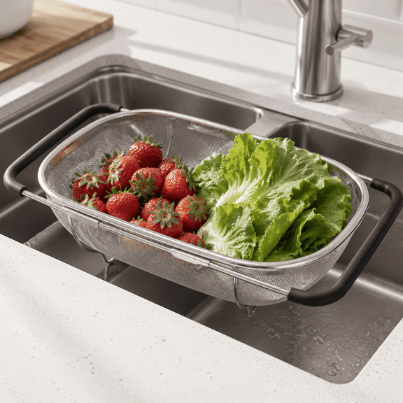 6 Quart Collapsible Stainless Steel Colander Rectangular Fine Mesh Kitchen Strainer with Expandable Rubber Handles Household Food Drain Basket