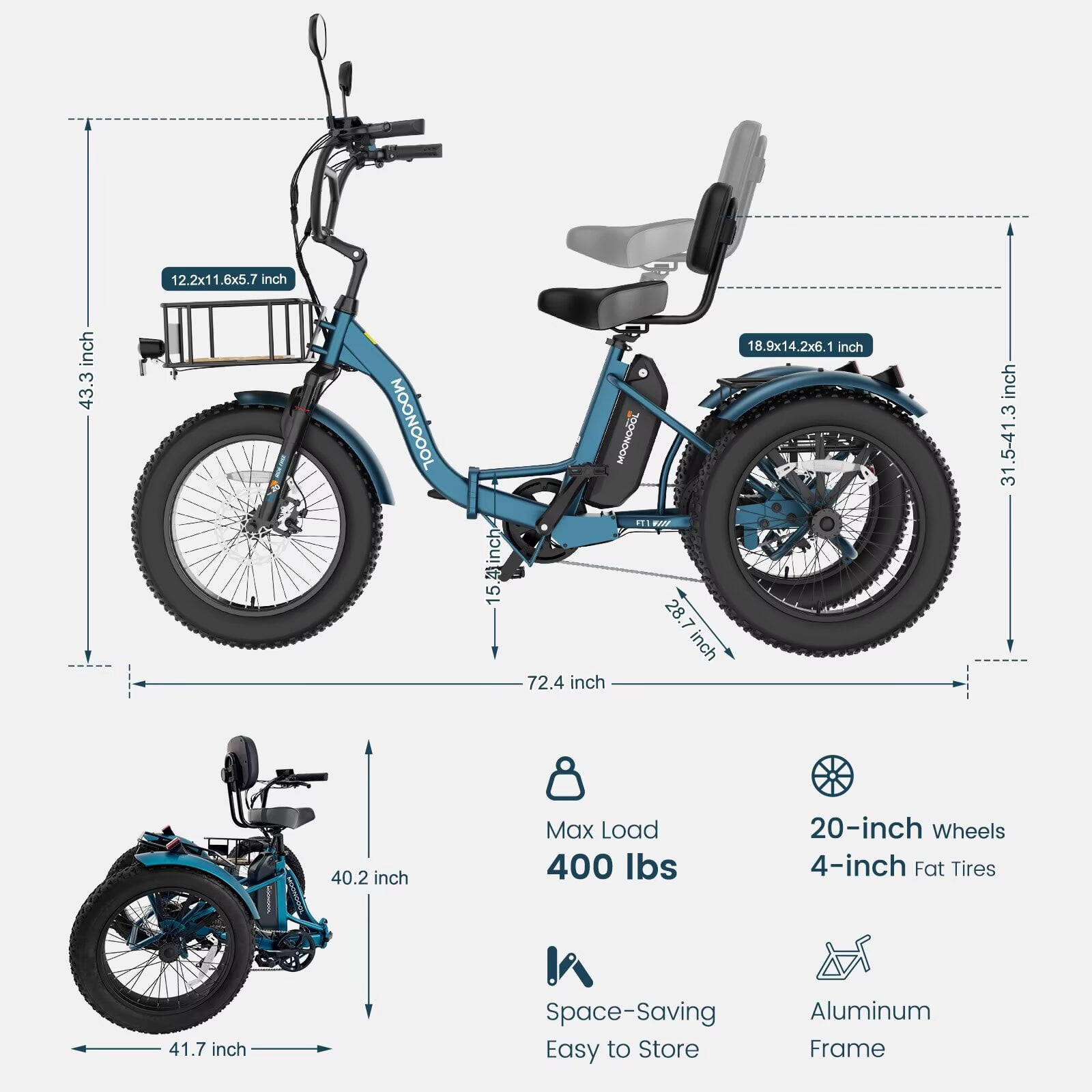 MOONCOOL Folding Electric Tricycle for Adults, 20" x 4" Fat Tire Electric Trike, 48V Peak 1092W  Electric Bicycle, 3 Wheels 7 Speed Ebike w/ 14.5Ah Removable Battery& Speed Differential Mechanism
