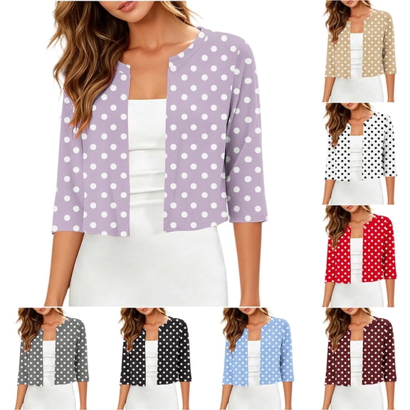 DYTTDG Women's Polka Dot Cropped Cardigan | 3/4 Sleeve Open Front Round Neck Shrug for Summer, Lightweight Cover Up