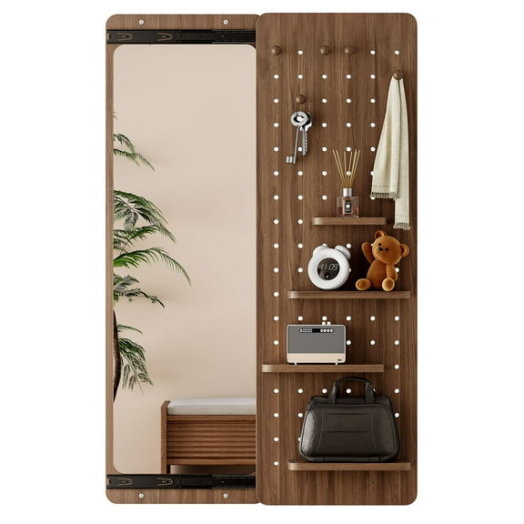 Wall Mounted Full Length Mirror with Shelf and Hook, Classic Rubber Wood Design, Perfect for Bedroom or Living Room