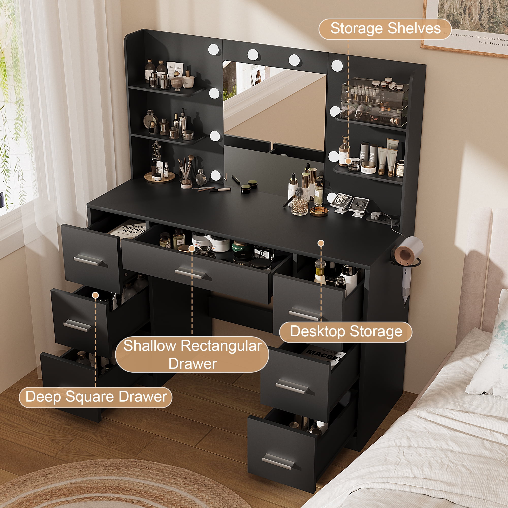 Vineego Makeup Vanity Desk with Mirror, Lights & Power Outlet Vanity Table with 7 Drawers and 6 Storage Shelves for Bedroom, Black