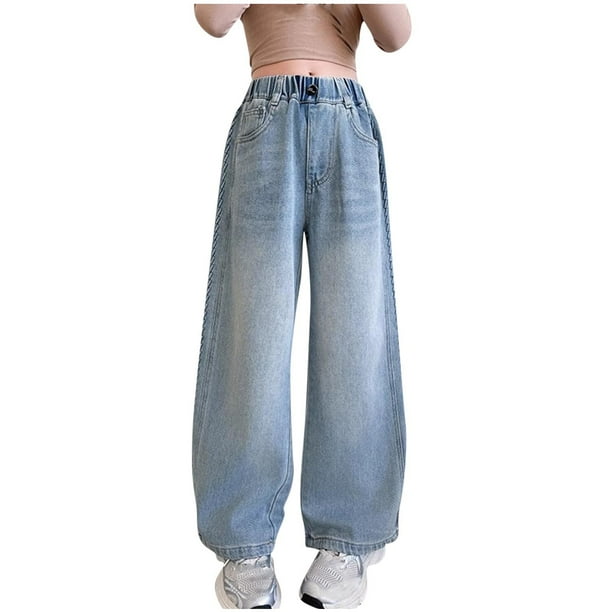 Odeerbi 5-15 Años Chicas Vaqueros de Piernas Anchas Pantalones de Vaquero de Color Sólido Pantalones Sueltos Ropa Exterior Casual Pantalones de Piernas Rectas