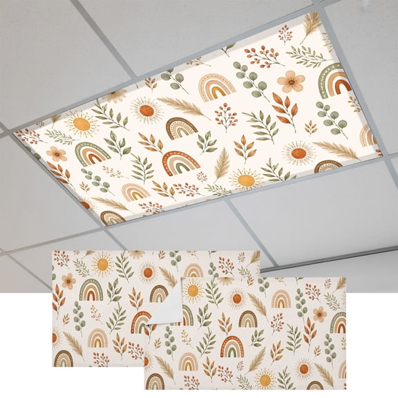 Thanksgiving Fall Magnetic Fluorescent Light Covers for Ceiling Lights 2x4 Ft,Farmhouse Botanical Leaves Geometric Office Kitchen Drop Ceiling Light Covers Lighting Filters Shade Panel 2 Packs