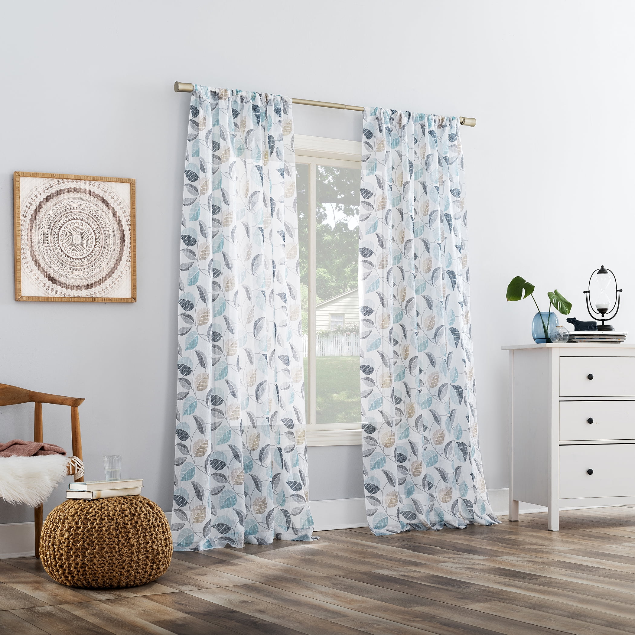 No. 918 Jamie Leaf Print Sheer Rod Pocket Curtain Panel, 51"x63", Multicolored