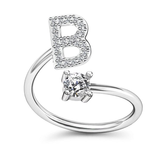 Anillo con letra inicial para mujeres y niñas, aleación de plata, anillos de alfabeto ajustables con incrustaciones de cristal, regalo