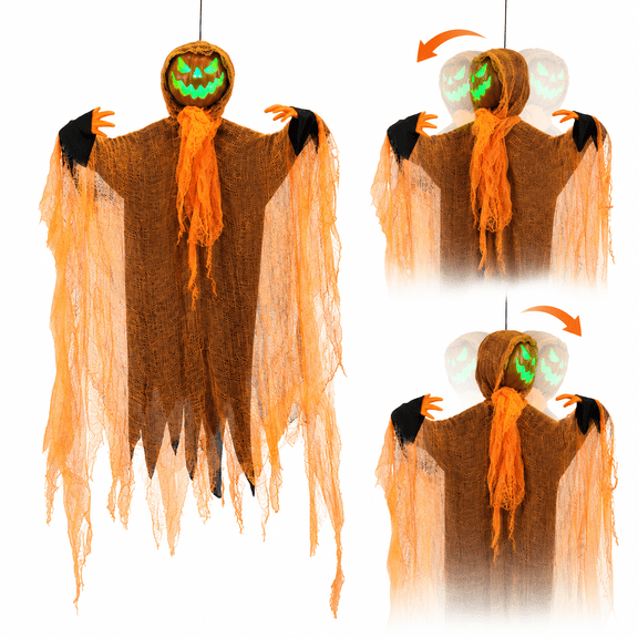 Diceymbol 3.94 ft Halloween Pumpkin Rotating Light Up Sound-Emitting Hanging Ornament, Garden Decoration Hanging Ghost with Green Light for Parties Halloween and Fall Decor
