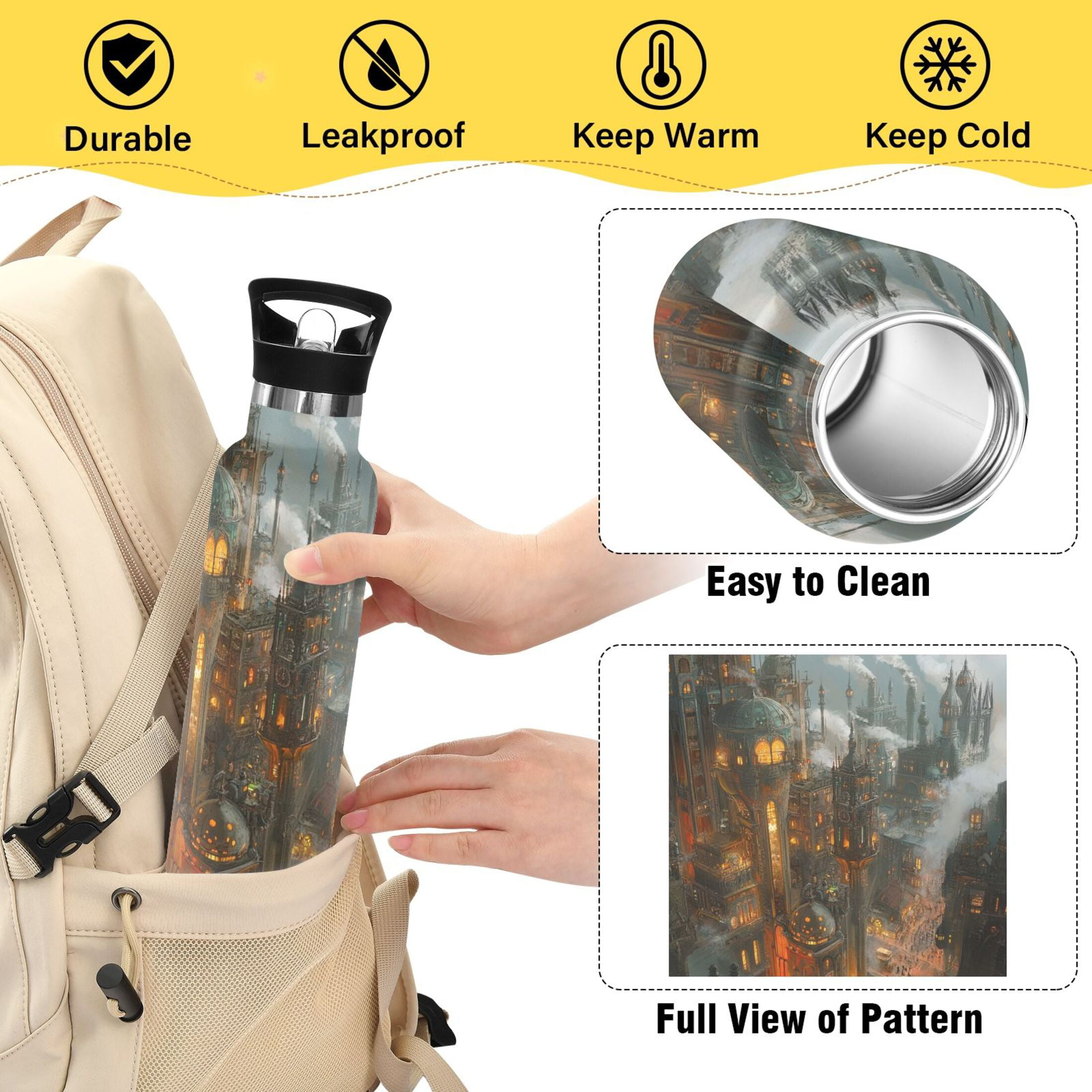 600ML Stainless Steel Insulated Cup Sports Water Bottle Portable Thermos Cup Water Glasses Insulated Tumblers Convenient and Durable Steampunk Castle