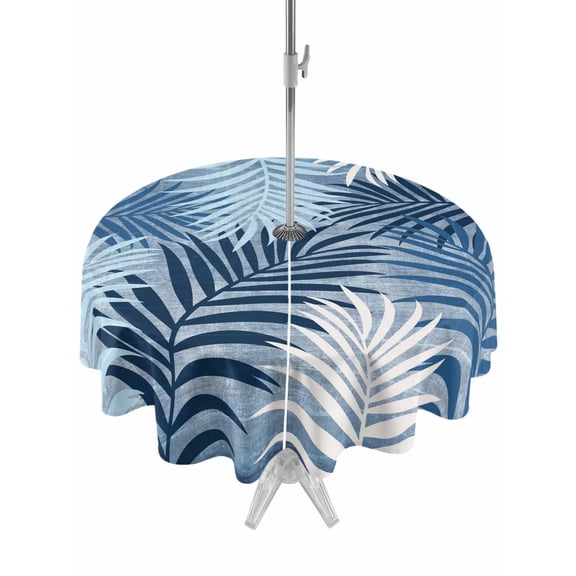 Outdoor Tablecloth with Umbrella Hole for Patio/Picnic/Party/Camping, Navy Blue Palm Leaves Waterproof Table Cloth Round Cover Washable, Summer Botanical Tropical Leaf (Dia 60")