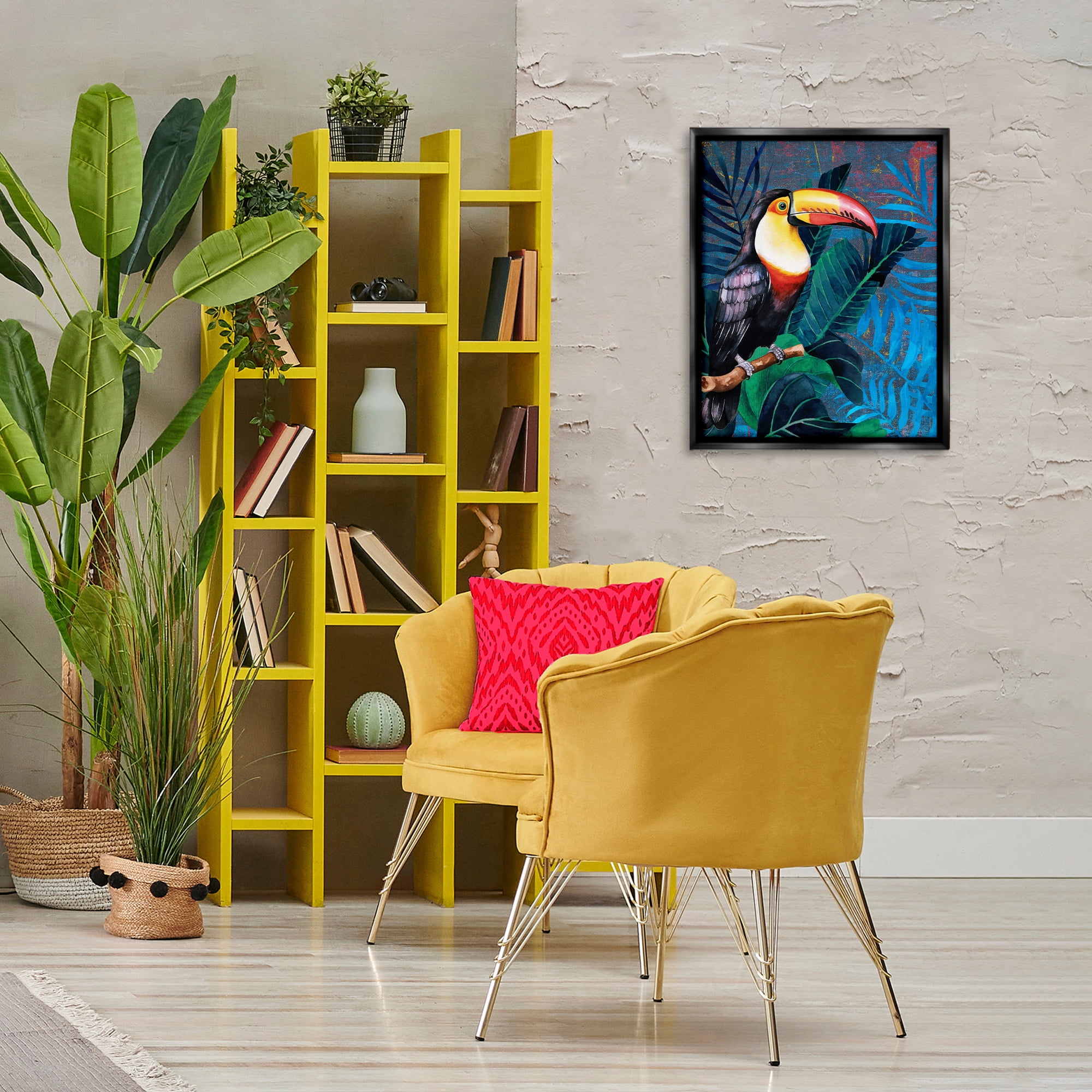 Stupell Industries Bright Toucan Among Leaves Animals Painting Black Floater Framed Canvas Art Print Wall Art, 17 x 21