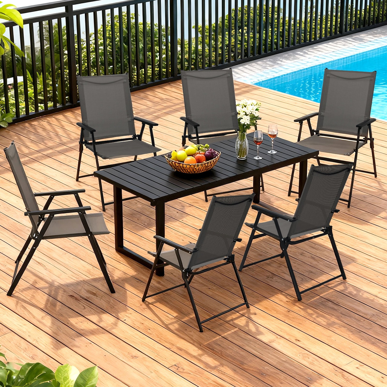 SHGJ&SOFT Set of 2 Folding Chairs，Outdoor Patio Chair with Armrests for Porch Camping Pool Beach Deck Lawn Garden (Gray, 2 PC)