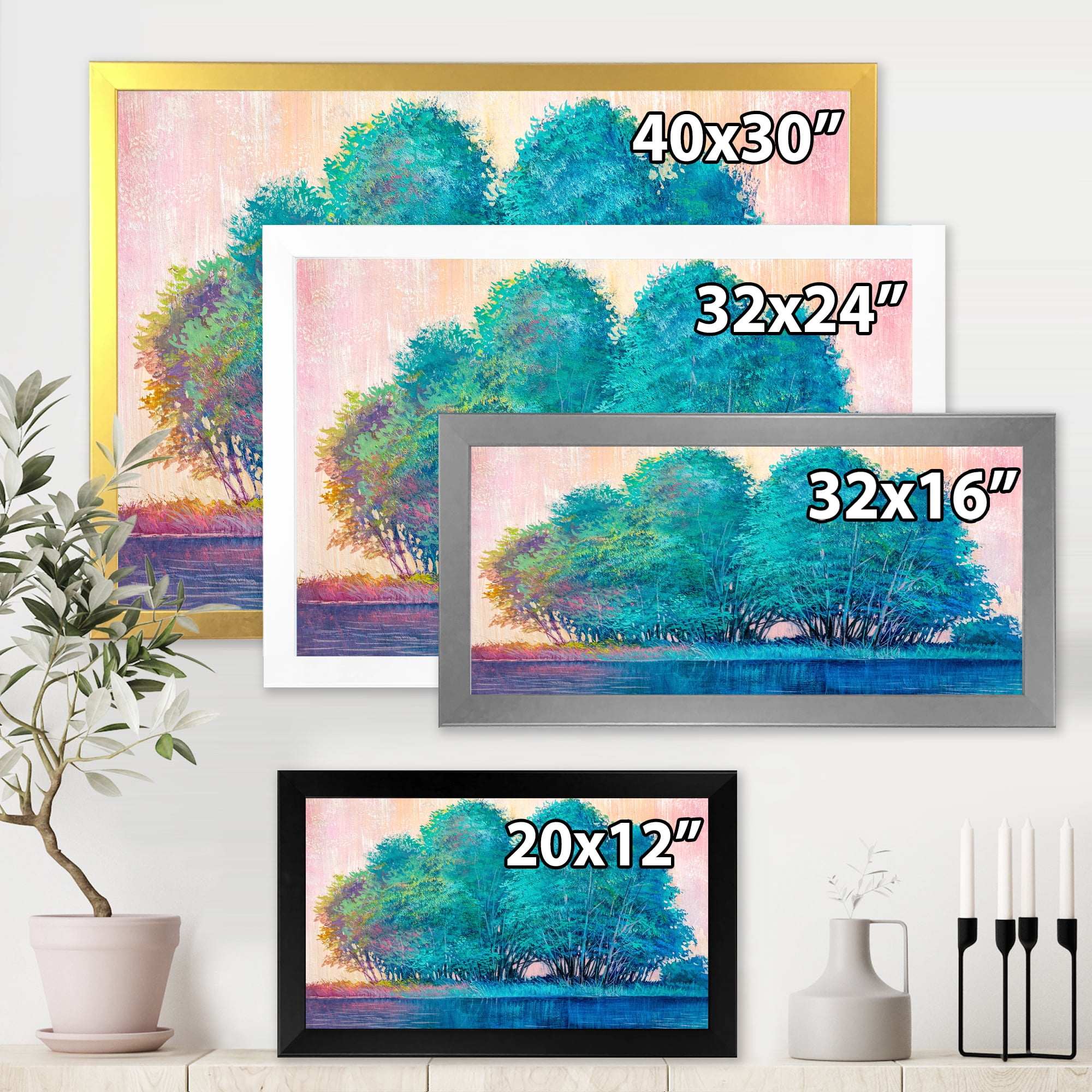 Designart 'Blue Coloured Tree Impression By Lakeside' Lake House Framed Art Print