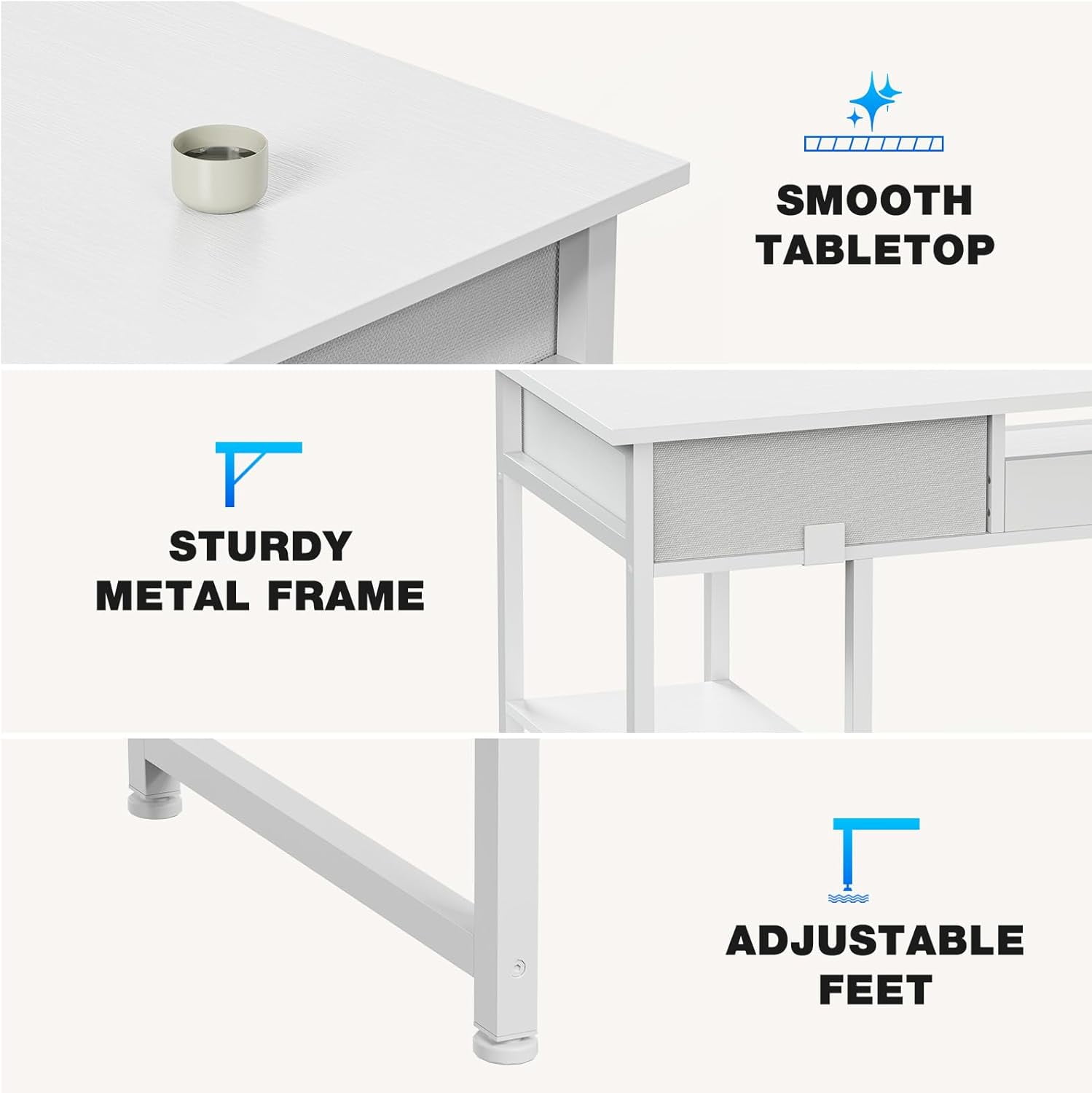 48 inch Computer Desk with Drawers, Modern Study Writing Table with Storage Shelves for Bedroom Home Office, White