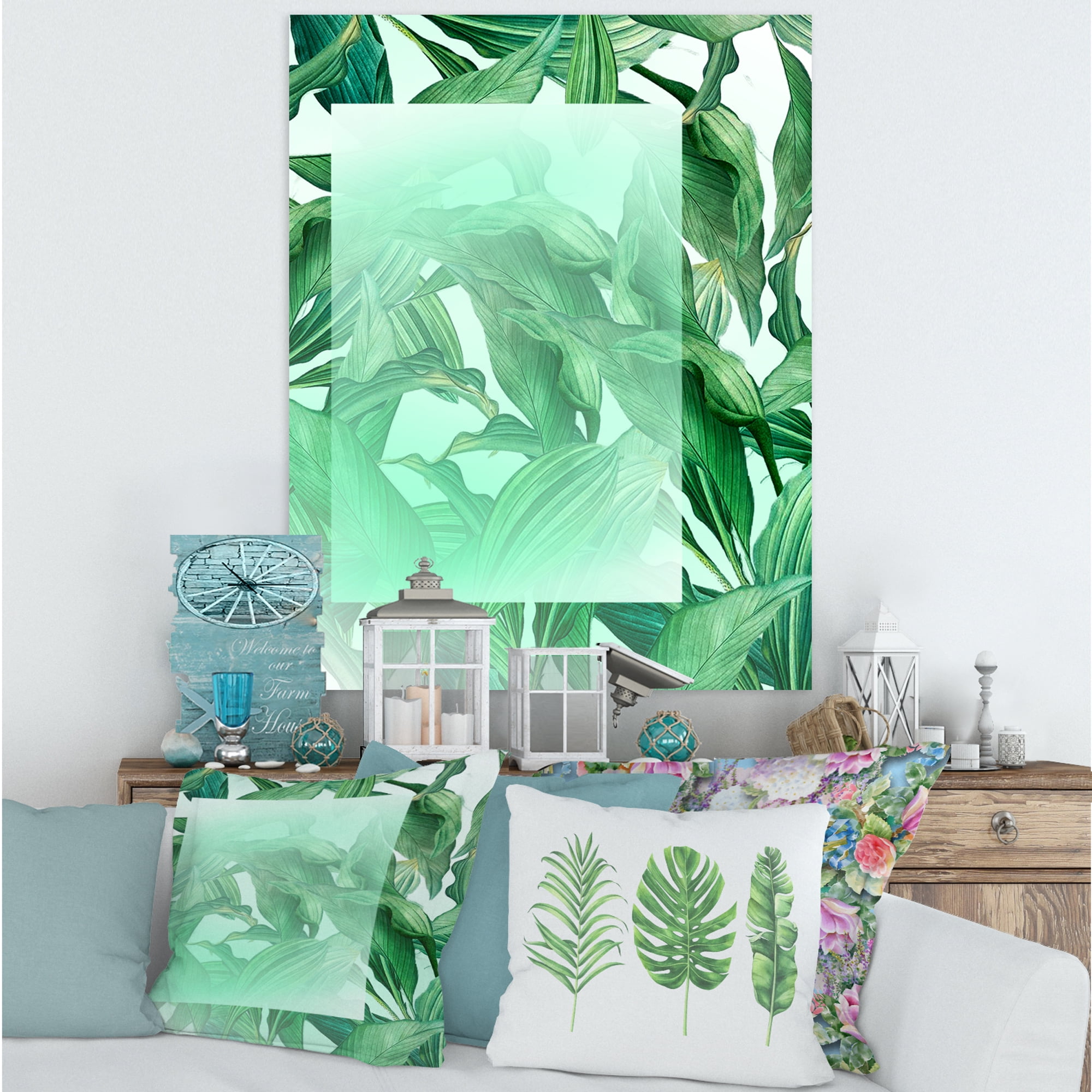 Designart ' Tropical Palm Green Leaves Under White Rectangle ' Nautical & Coastal Canvas Wall Art Print