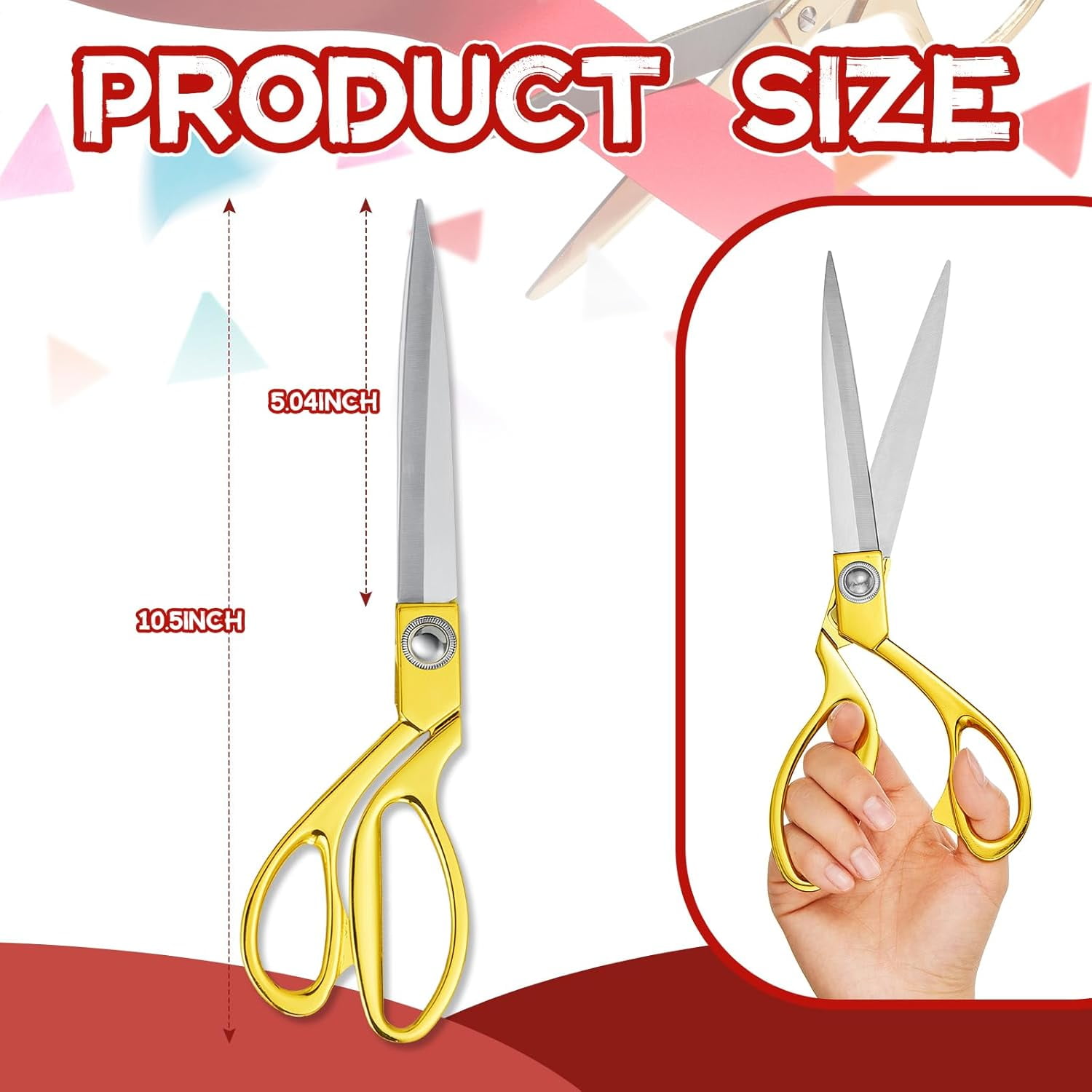 ABCISI 1 Pcs Ribbon Cutting Scissors, Metal Heavy Duty Stainless Steel Scissors for Ceremony Events Inaugurations Dressmaking Sewing Cardboard, Sharp Fabric Tailor Scissors, 10.43 x 2.76 Inch (Gold)