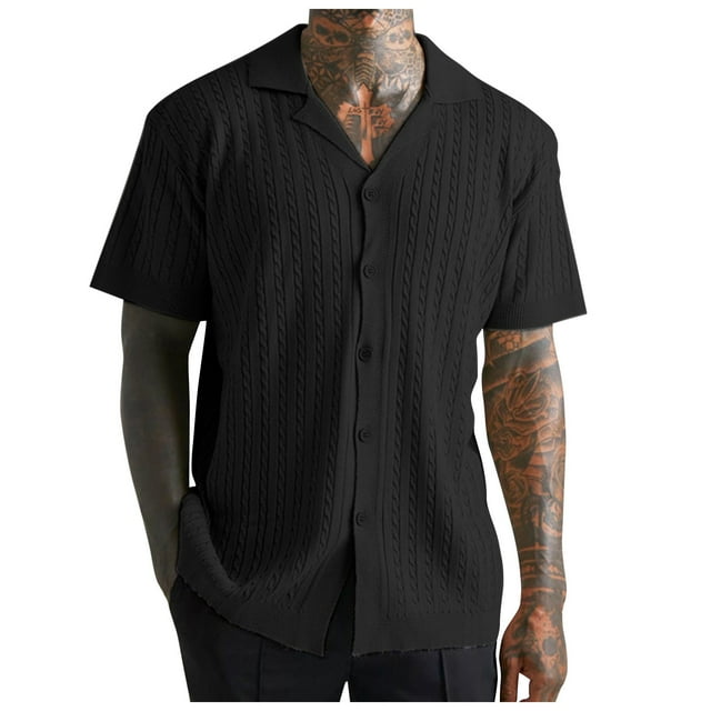 European Men Solid Color Knitted Jacquard Breathable Button Cardigan Casual Loose Trendy Comfortable Foreign Trade Business Sports Short Sleeved Shirt