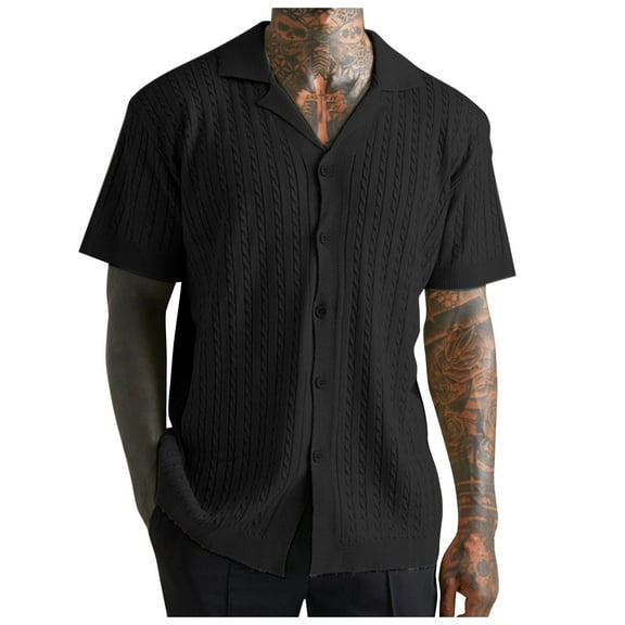 European Men Knitted Jacquard Button Cardigan Casual Loose Fit Breathable Comfortable Business Sports Short Sleeve Shirt Trendy Solid Color Mens Work Shirts Summer Basic Tee Shirts
