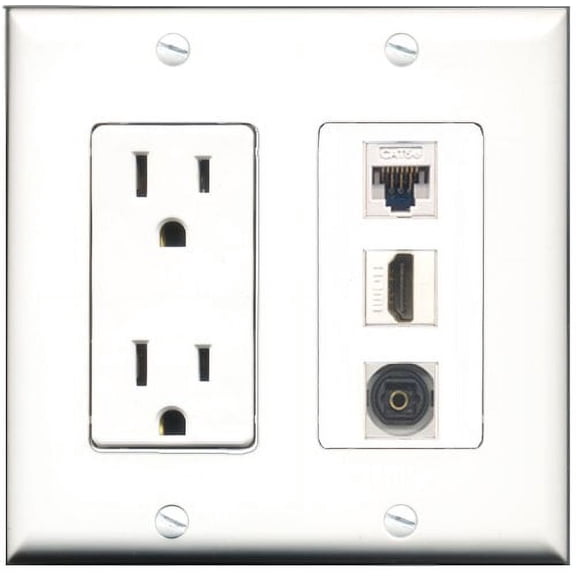 RiteAV - 15 Amp Power Outlet 1 Port HDMI 1 Port Toslink 1 Port Cat5e Ethernet White Decorative Wall Plate