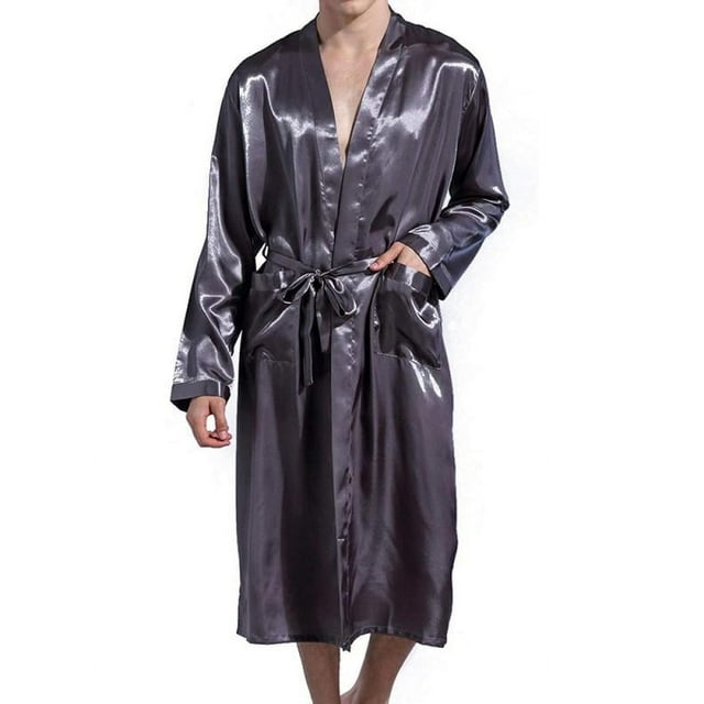 Men‘s Imitation Silk Bathrobe Classic Long Pocket Home Service Bathrobe
