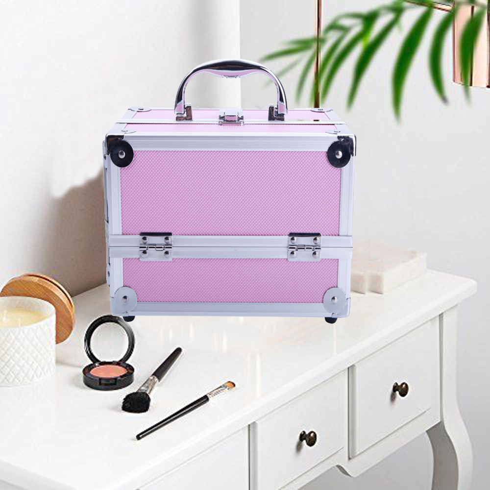 Zimtown Portable Aluminum Makeup Storage Case Train Case Bag with Mirror Lock Silver Jewelry Box Pink - image 2 of 9