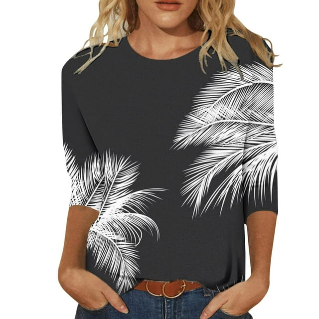 EQWLJWE Blouses à Manches Longues pour Femmes Hauts pour Femmes en Liquidation T-shirt Imprimé à la Mode pour Femmes Blouse à Manches 3/4 Col Rond Hauts Décontractés