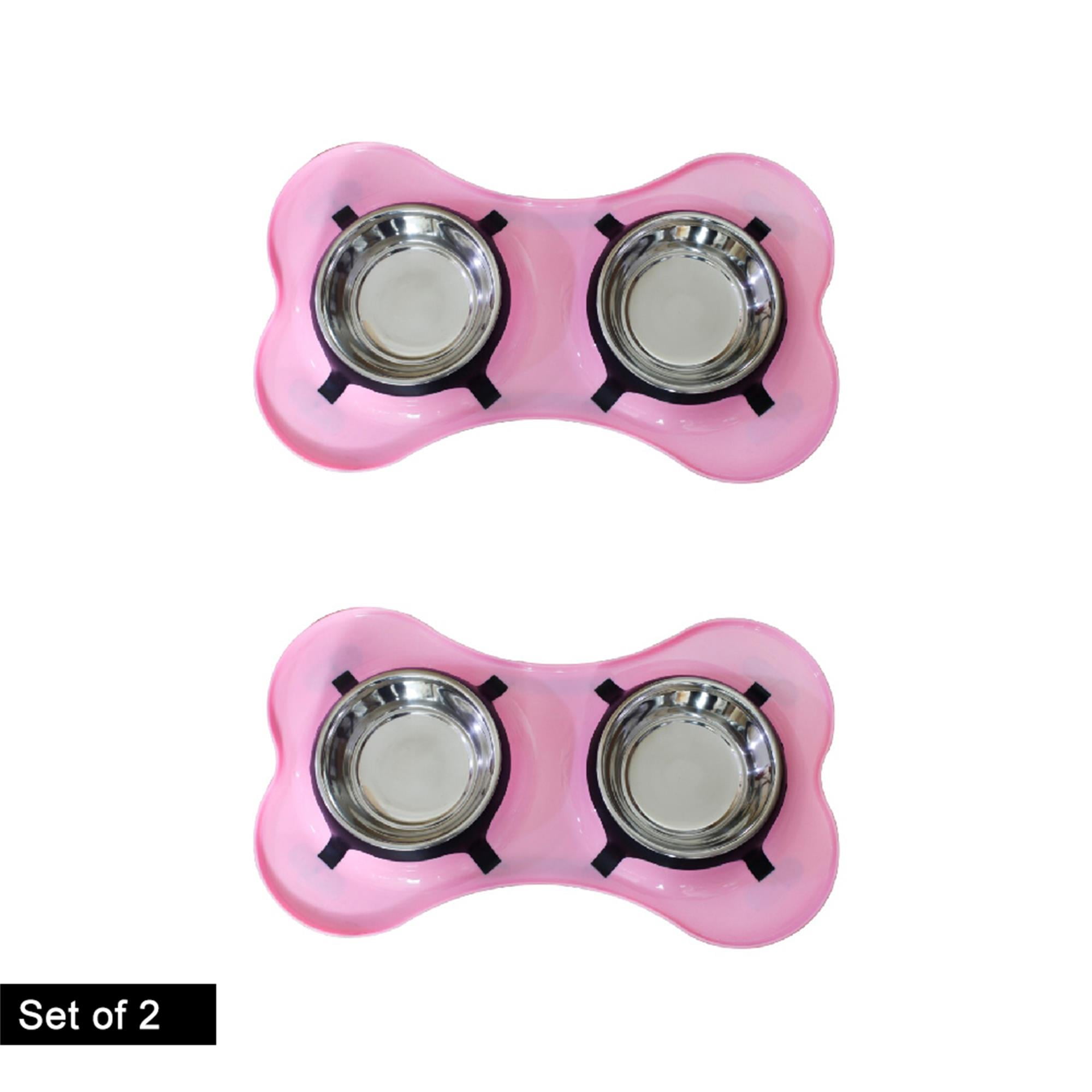 Pefilos 2 Set 13.5 oz Bone Shaped Plastic Pet Double Diner with 2 Stainless Steel Dog Bowls for Feeding Small Medium Dogs Cats Puppies, Pink Pefilos 2 Set 13.5 oz Bone Shaped Plastic Pet Double Diner with 2 Stainless Steel Dog Bowls for Feeding Small Medium Dogs Cats Puppies, Pink