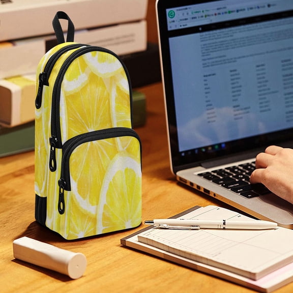 Backpack Pencil Case, 3 Compartment Large Capacity Oxford Fabric Pencil Pouch / Lemon Slice Pattern