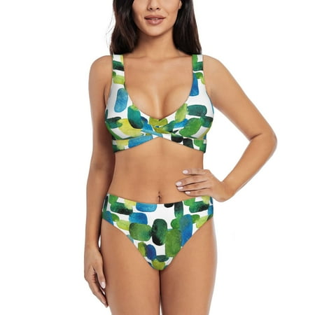 Womens Bikini Sets Two Piece  Abstractly Bright Green Pattern Cross Design Swimsuit High Waisted Bathing Suit For Women 2024
