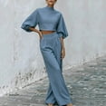 thumbnail image 5 of Womens Casual Two Piece Outfit High Neck Puff Sleeve Crop Top High Waist Wide Leg Pants Textured Casual Set Sky Blue XL(XL), 5 of 8