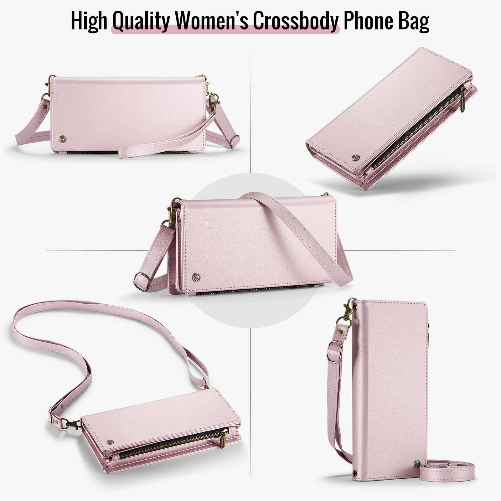 ELEHOLD Phone Bag Wallets for Women Girls,Luxury PU Leather Wallet Bag Crossbody Handbag with Phone Pocket Zipper Pocket Large Capacity Credit Card Holders Wriststrap Shoulder Strap,Pink